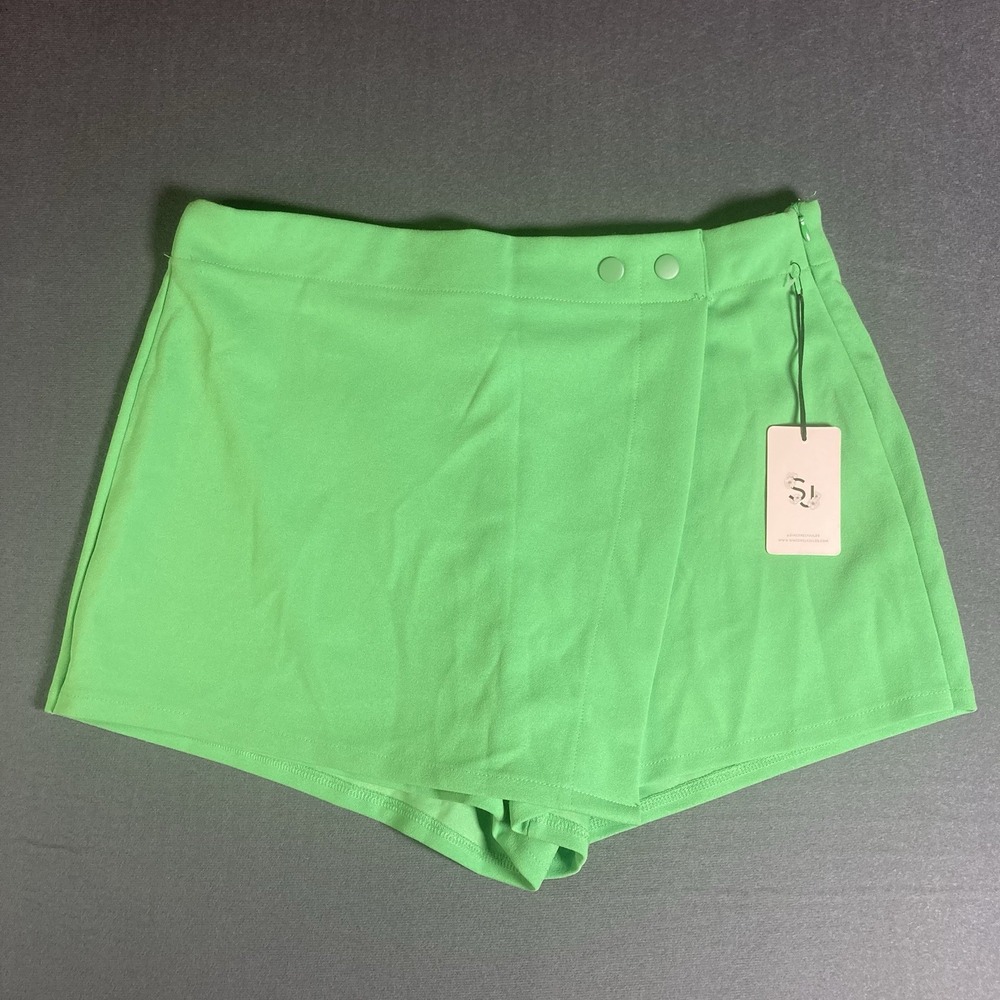 NWT Sincerely Jules Neon Green Asymmetric Wrap Skort Shorts Size Large L Rave